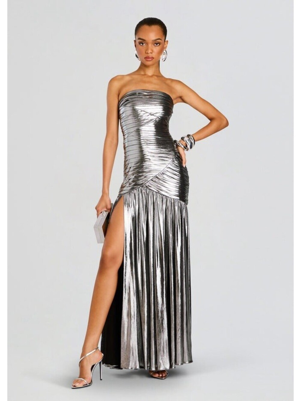 $798 Retrofete Josie Dress Silver Lame Pleated Strapless Designer Dress Large